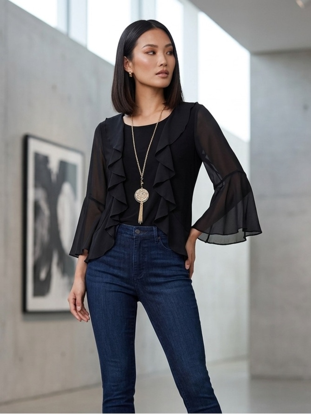 Womens Black Ruffle Chiffon Blouse with Bell Sleeves